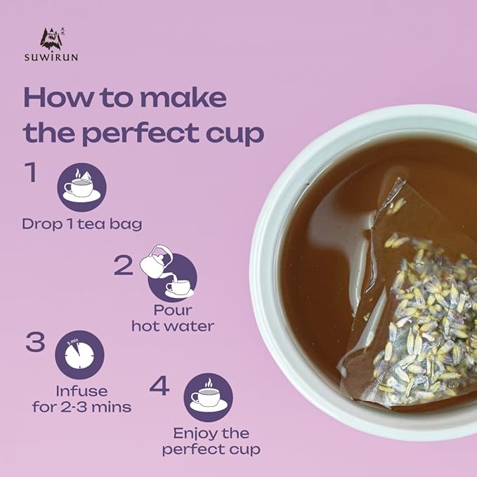 Suwirun Organic Lavender Tea 25 Bags – 100% Lavender Flowers – Aromatic & Calming, Caffeine-Free – Supports Stress Relief, Relaxation & Better Sleep