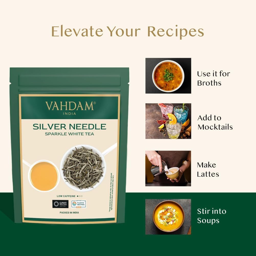 VAHDAM White Pine Needle Tea Loose Leaf(1.76oz|25 cups) Silver Pine Needle | Mellow, Fragrant &amp; Delicious |100% Pure and Unblended| Caffeine Free, Non GMO |Vacuum Sealed| Brew Hot/Iced or as Kombucha