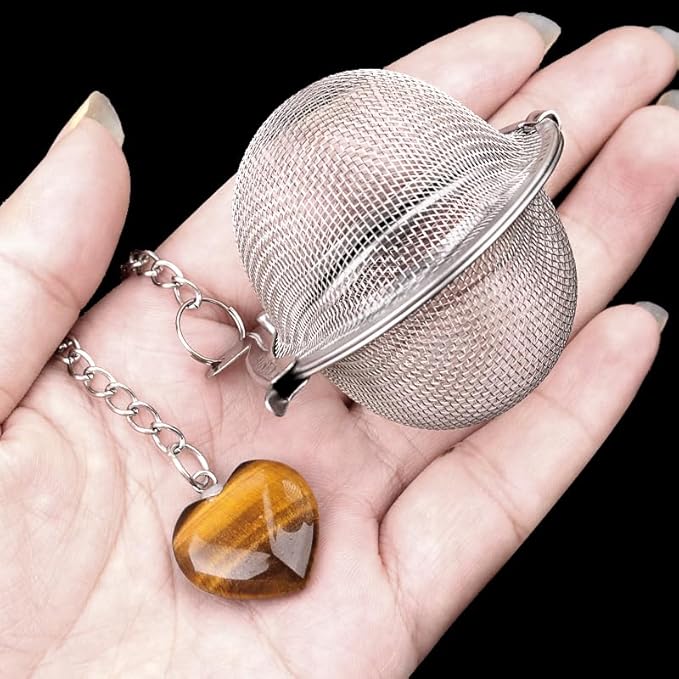5 Pcs Tea Filter Stainless Steel with Heart Crystal Energy Stone Tea Strainers with Fine Mesh Extend Chain Hook Tea Ball Infuser for Loose Tea Leaves