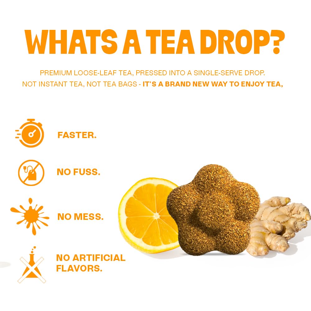 Tea Drops Citrus Ginger Tea - 30 Bagless Organic Tea Drops, Lemon Ginger, Caffeine-Free, Microplastic-Free Loose Leaf Tea, Iced or Hot