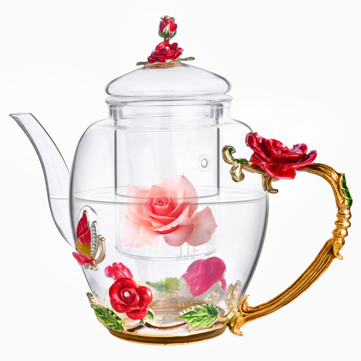 OEAGO Enamel Glass Flower Tea Pot 30.4OZ Birthday Gifts for Women Mom