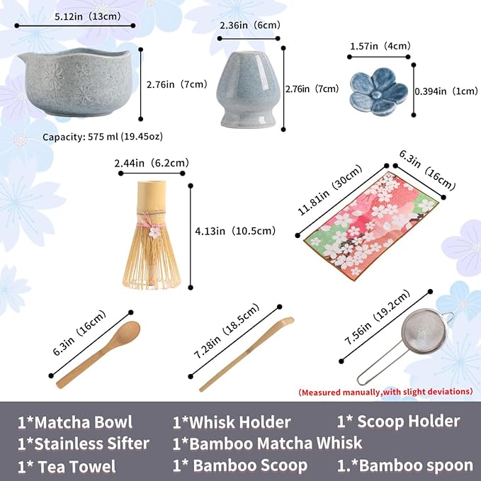 Handcrafted Matcha Bowl Set 8pc - Japanese Style Ceramic Chawan Tea Cups with Floral Art & Wavy Rim | Complete Matcha Tea Ceremony Kit in Premium Gift Box (blue)