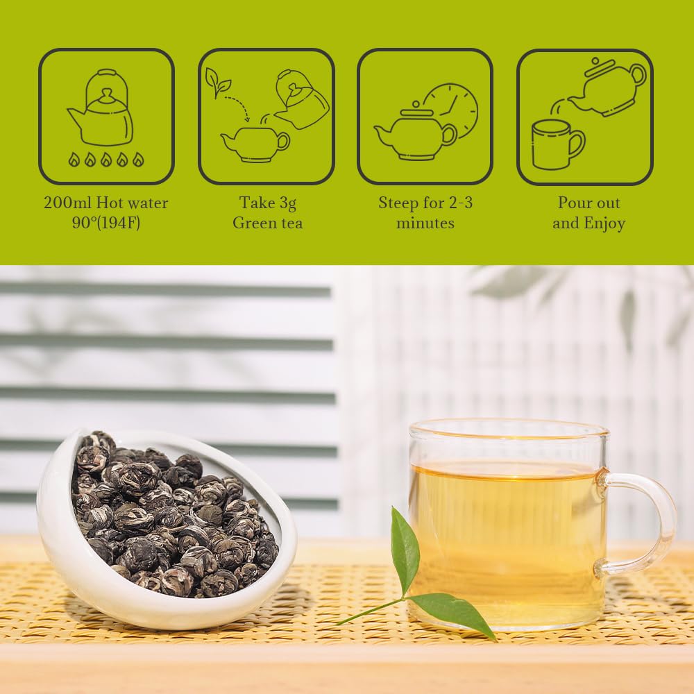 LWXLJMJZC Jasmine Dragon Pearls Green Tea, Hand-Rolled Loose Leaf, 3.53oz