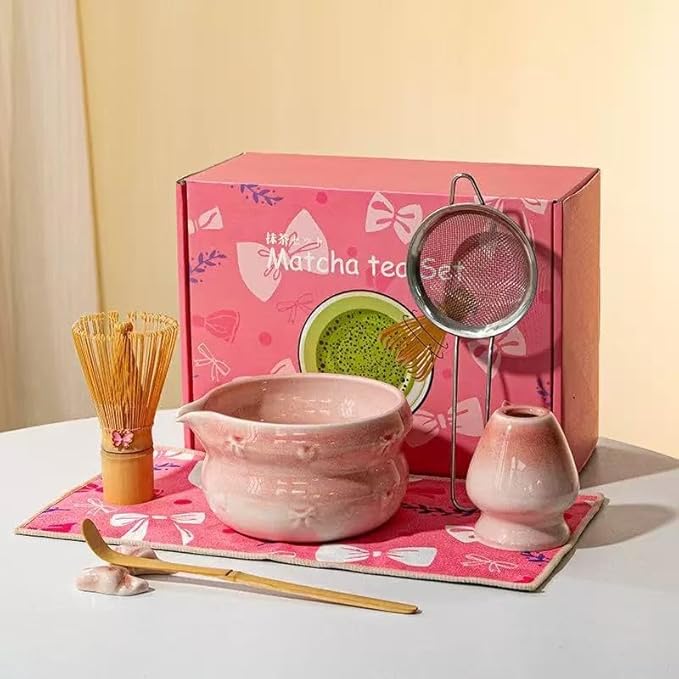 Matcha Kit 7-Pcs matcha whisk set, Measuring Spoon, Japanese Tea Making Tools,Cha, tea bowl, pink ma