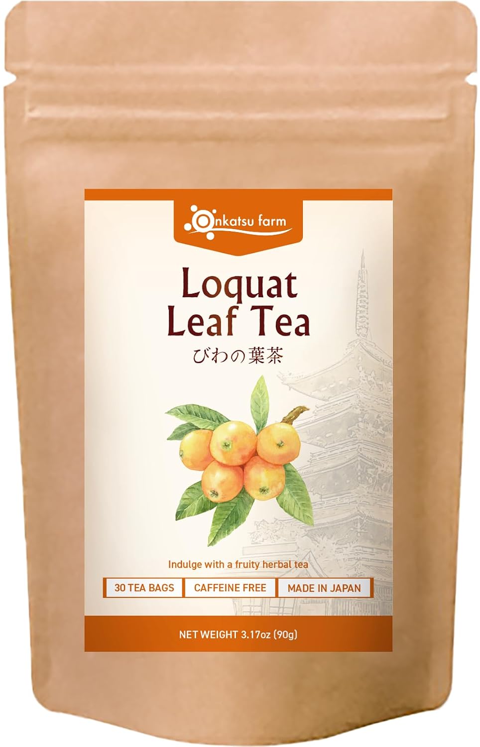 Onkatsu Farm Loquat Leaf Premium Japanese Tea Bags (Nispero Tea) Sweet Herbaceous Flavor Hot or Iced No Caffeine 30 Count Tea Bags