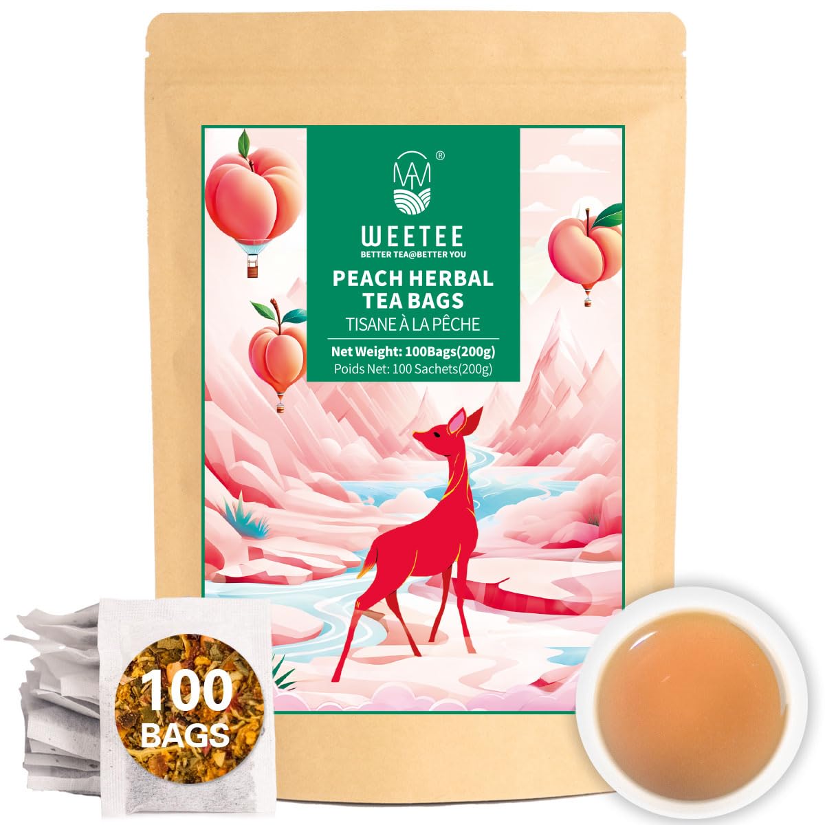 WT WEETEE Peach Herbal Tea Bags 100 Count, Bright, Juicy &amp; Fruity Infusion