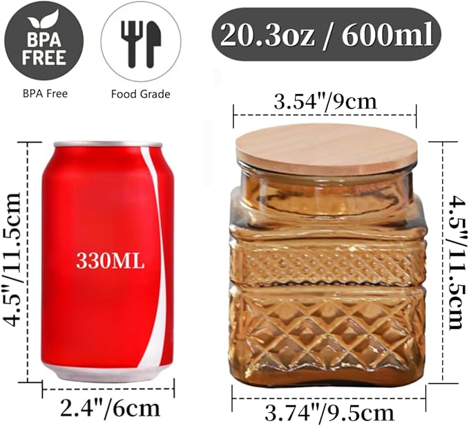 ANSQU Square Glass Jar, 20.3 Fl oz Candy Jar with Lid, Glass Food Storage Containers for Ground Coffee, Tea, Sugar, Decorative Mason Jar