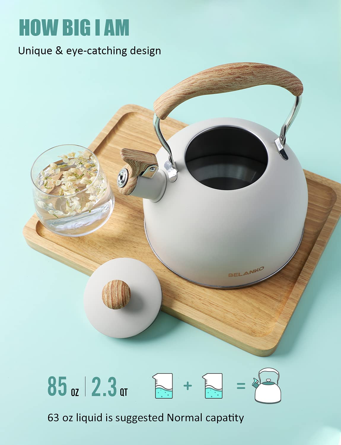 Tea Kettle, BELANKO 85 OZ / 2.5 Liter Whistling Tea Kettle Pots for Stove Top Food Grade Stainless Steel with Wood Pattern