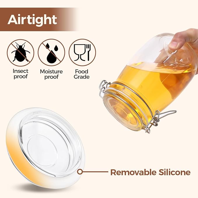 ComSaf Airtight Glass Canister Set of 3 with Lids 34oz Food Storage Jar Round - Storage Container with Clear Preserving Seal Wire Clip Fastening for Kitchen Canning Cereal,Pasta,Sugar,Beans,Spice