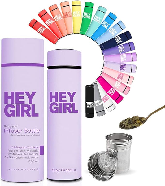 Hey Girl Tea Infuser Bottle 450ml - Insulated Stainless Steel Water Bottle - Tea Tumbler with Tea Diffuser - Portable Travel Mug for Loose Leaf Tea & Infused Water - Tea Lovers Gifts for Women