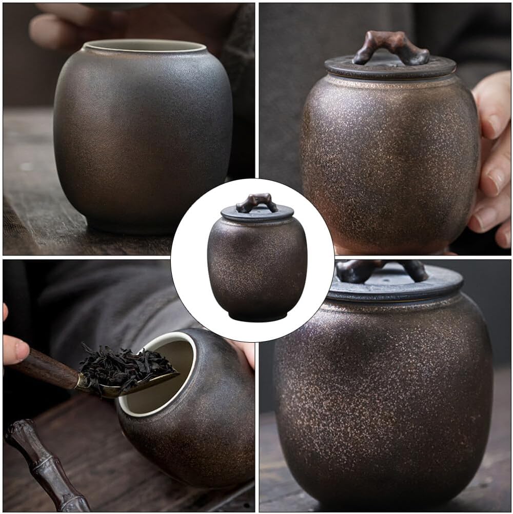 STOBAZA Retro Storage Jar Tea Storage Container with Lid Ceramic Food Canister for Loose Tea Coffee Beans Snacks Herbs Kitchen Organization 3.85 X 3.11 X 3.11 in