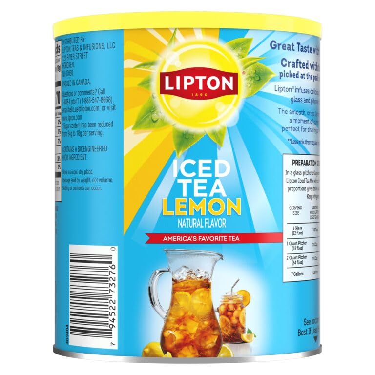 Lipton Iced Tea Mix, Lemon Flavor Black Iced Tea, Reduced Sugar, Makes 28 Quarts