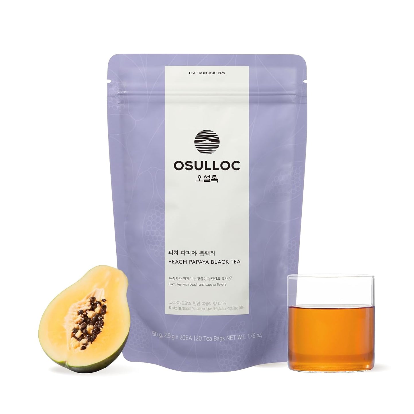 Osulloc Peach Papaya Black Tea, Sweet Fruit Tea, 20 Pyramid Tea Bags, 1.76oz