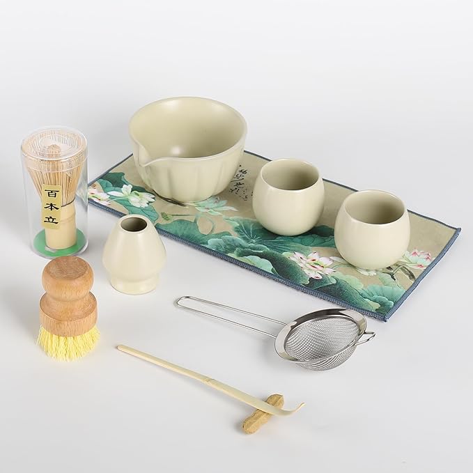 10 Pcs Matcha whisk Set,13 OZ,With 2 Cups,Complete Matcha Kit Set for Matcha Tea Ceremony,Elegant Matcha Tea Set for Tea Lovers（Beige）