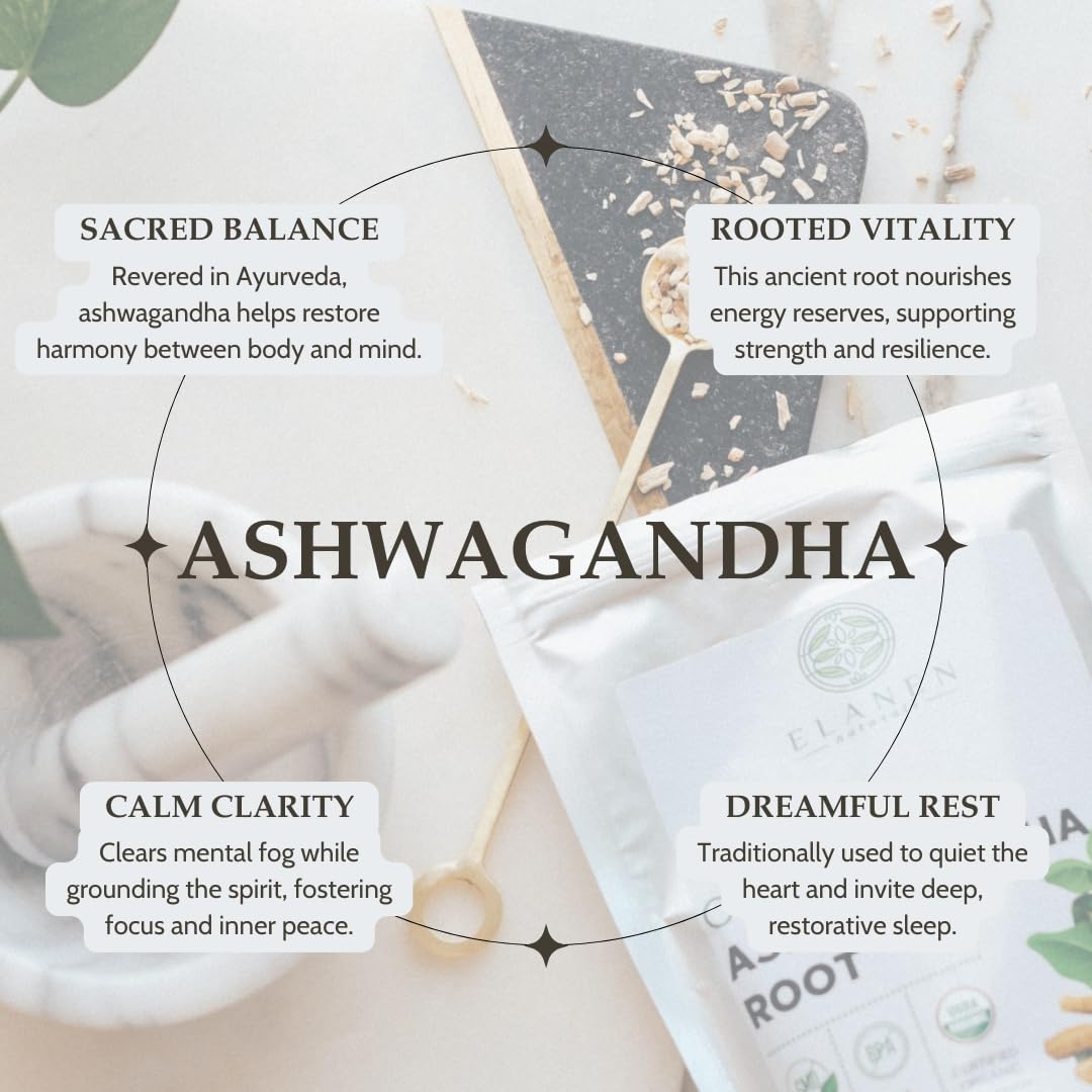 Elanen Naturals Organic Ashwagandha Root 4 oz. (113g), USDA Certified Organic Ashwagandha Root Loose Leaf Tea, Dried Withania