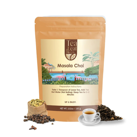 Tealeaf &amp; Co. Masala Chai - Loose Leaf Black Tea Blended with Organic Spices (Ginger, Cardamom, Black Pepper &amp; Cloves Whole Organic) - Low Caffeine (3.52oz/100gm)