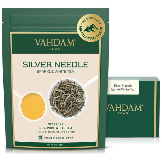 VAHDAM White Pine Needle Tea Loose Leaf(1.76oz|25 cups) Silver Pine Needle | Mellow, Fragrant &amp; Delicious |100% Pure and Unblended| Caffeine Free, Non GMO |Vacuum Sealed| Brew Hot/Iced or as Kombucha
