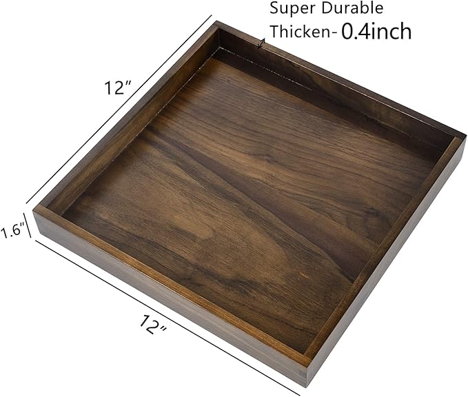 12 x 12 inches Large Square Ottoman Tray Wooden Solid Black Walnut Table Platter Decorative Serving Tray for Oversized Ottoman Home Breakfast in Bed Tea Coffee