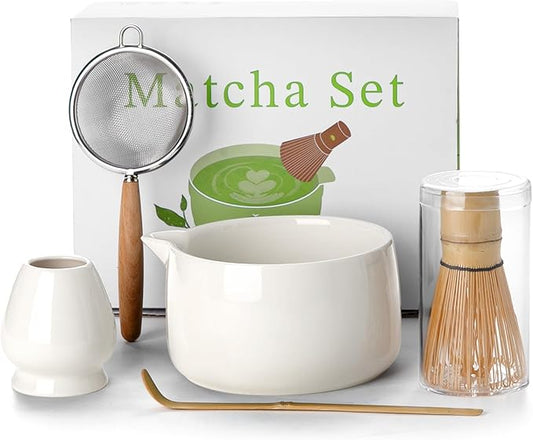 20OZ Matcha Whisk Set - 5PCS Matcha Kit Includes Ceramic Bowl with Spout, Bamboo Whisk with Holder, Bamboo Scoop and Sifter, Matcha Set for Ceremony