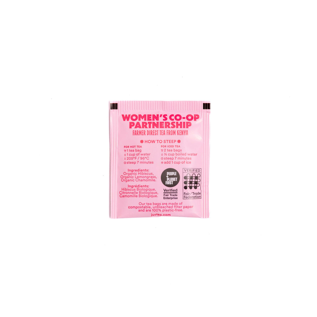 JusTea HIBISCUS GLOW Herbal Plastic-Free Tea Bags, 16 Cups, Caffeine-Free