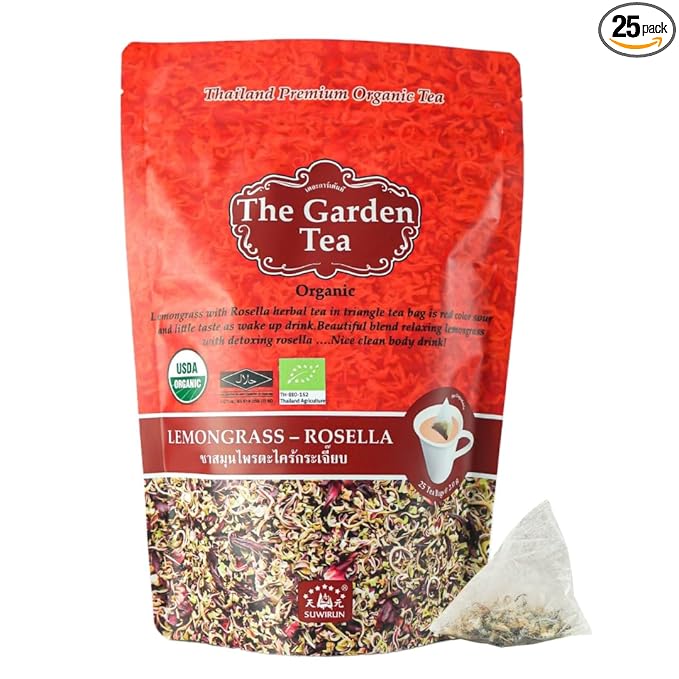 Suwirun Organic Lemongrass & Roselle Tea 25 Bags – Product of Thailand – Tangy Hibiscus & Citrus Herbal Blend, Caffeine-Free, No Calories