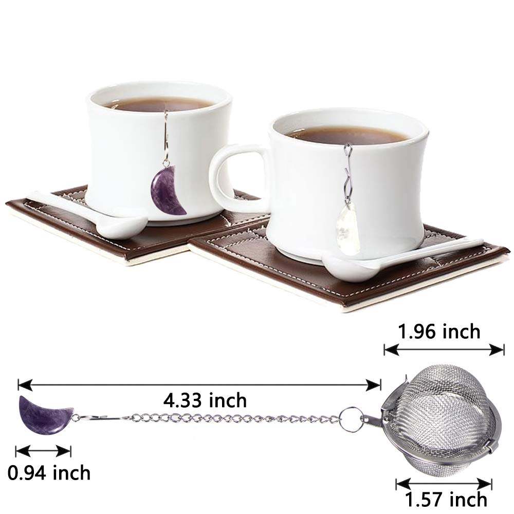 2pcs Tea Strainers, Scdom Stainless Steel Ball Mesh Tea Infusers, Amethyst & White Crystal Moon Pendant Tea Ball Tea Filter