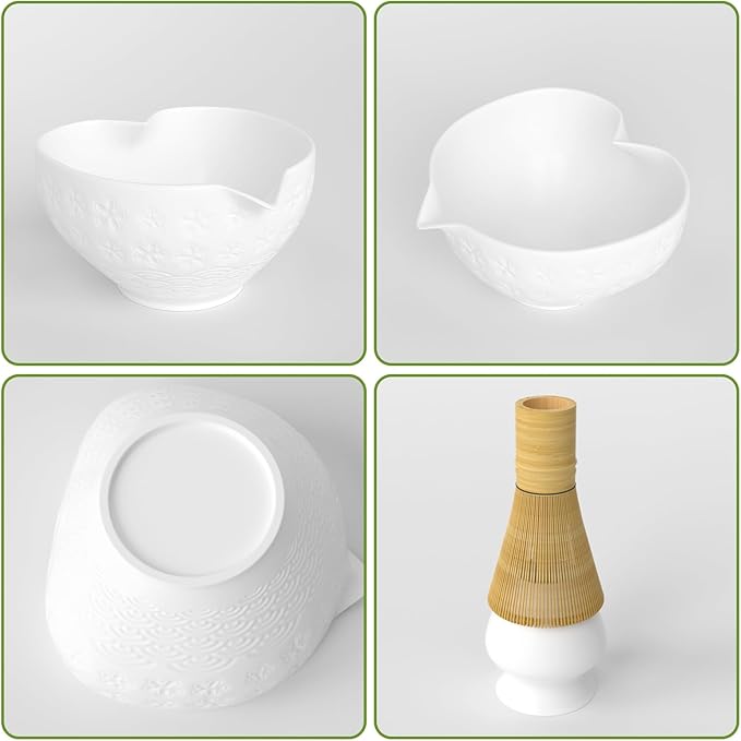 Matcha Whisk Set & Japanese Tea Set – 8PCS Ceramic Kit, Heart-Shaped Bowl with Spout & Bamboo Whisk (Ivory White)