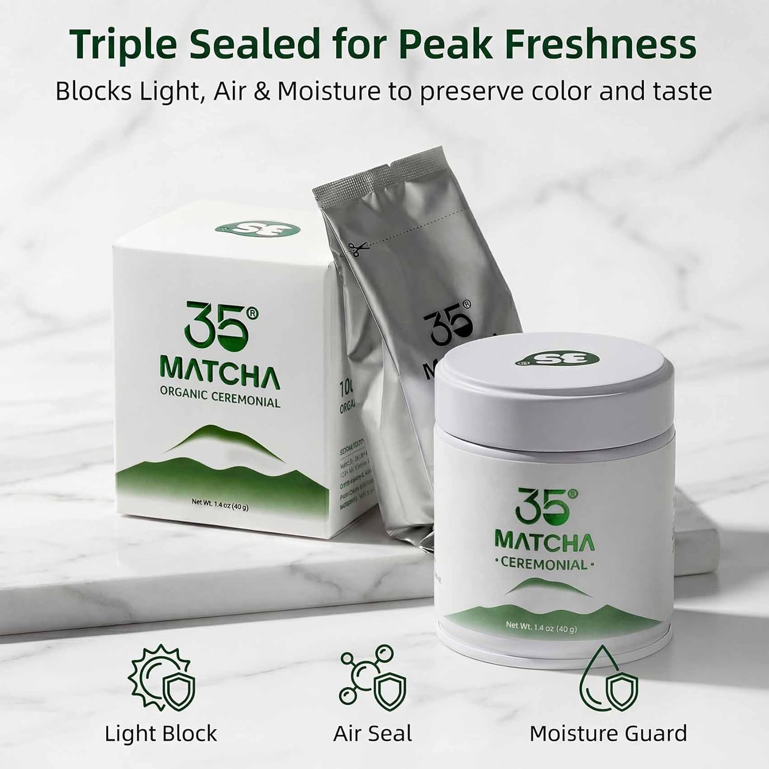 35°N MATCHA Organic Ceremonial Grade Matcha Green Tea Powder – Smooth, Vibrant Green, Low Bitterness, First Harvest, Ideal for Matcha Lattes & Usucha, USDA Certified (40g / 1.4oz)-White Tin