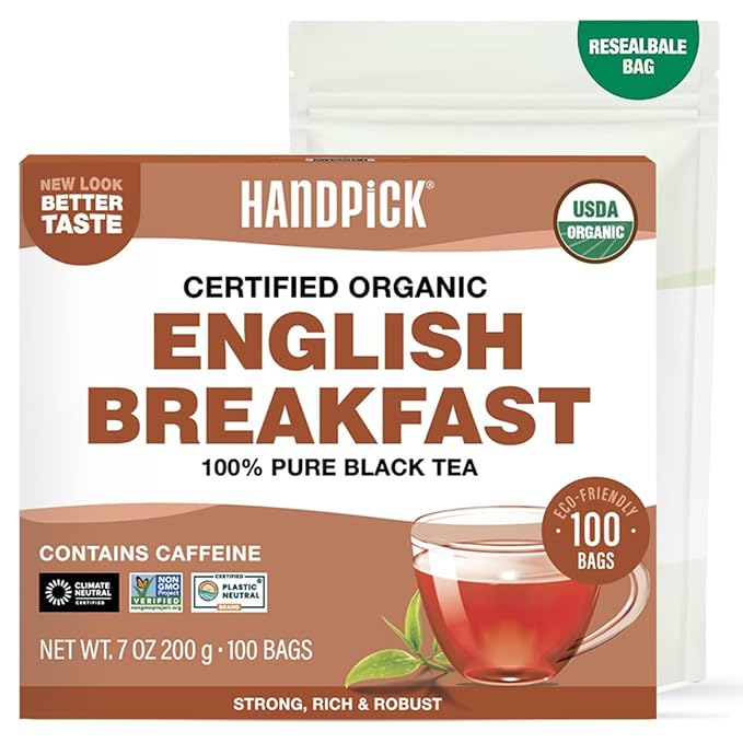 HANDPICK, Organic English Breakfast Black Tea Bags (100 Count) USDA Organic, Non-GMO | Strong, Robust, High-Caffeine Black Tea | Eco-conscious Tea Bags, Brew English Breakfast Tea & Kombucha Tea