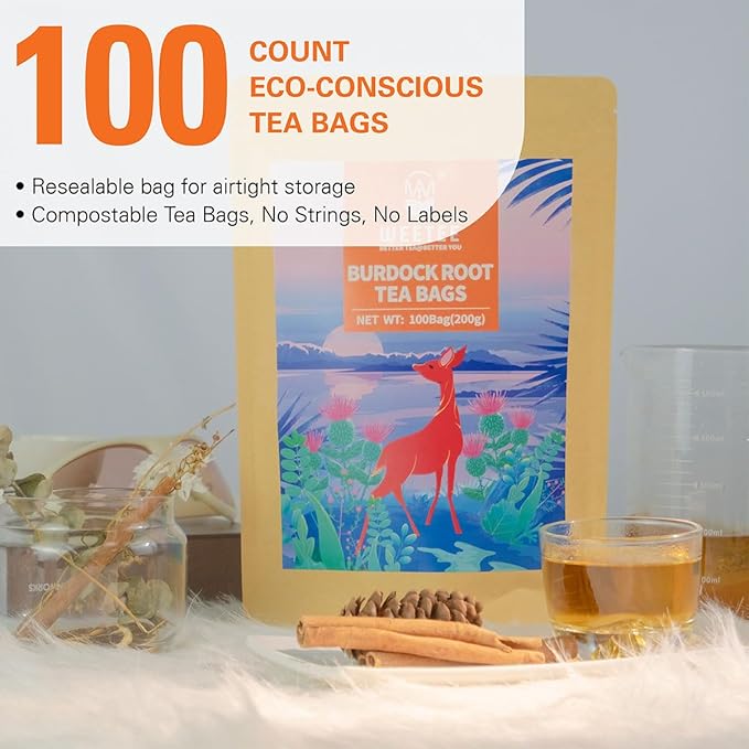 WT Weetee Burdock Root Tea Bags, Made with 100% Pure Burdock Root, Rich in Antioxidants, Naturally Caffeine-free Herbal Tea, 100 Count
