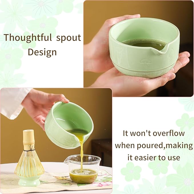 Matcha Set, 8-Piece Ceramic Matcha Bowl & Whisk Kit with Mushroom Pattern, Traditional Japanese Chawan, Bamboo Chasen, Scoop & Sifter, Gift for Tea Lovers, Zen Tea Ceremony Accessories (green)