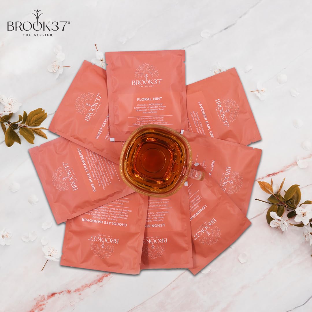 Brook37 Premium Assorted Tea Sampler Box - 8 Exquisite flavours | Natural Ingredients & Flavors | Tea Bag | Low Caffeine | Plastic Neutral Brand | Ideal Tea Gift Set