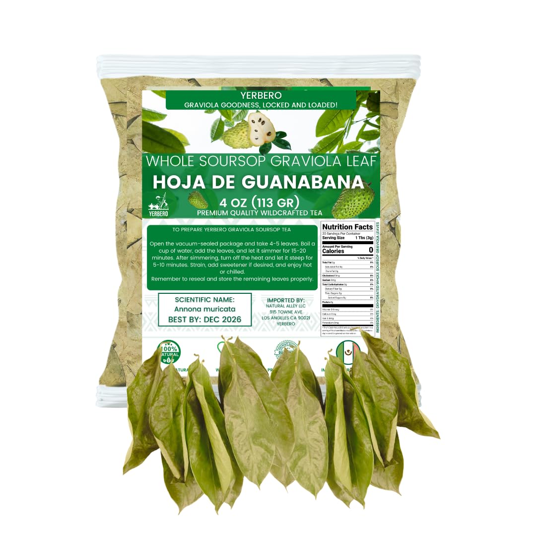 Yerbero - Whole Dried Graviola Soursop Leaves (4 oz - 330+ Leaves Per Bag) Hoja De Guanabana, 100% All Natural Delicious