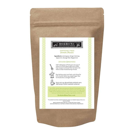 Birds & Bees Teas - Inner Peace Organic Herbal Tea - Loose Leaf Blend with Lemongrass, Skullcap, Ginger, Spearmint, Orange Peel, and Peppermint