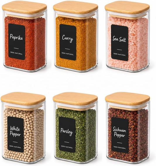 ComSaf Glass Spice Jars 8oz Set of 6, Seasoning Containers with 9 Labels | Small Glass Jars with Labels, Empty Rectangle Canisters, Spice Rack Organization, Loose Tea, Herb, Powder, Dry Good, BPA Free