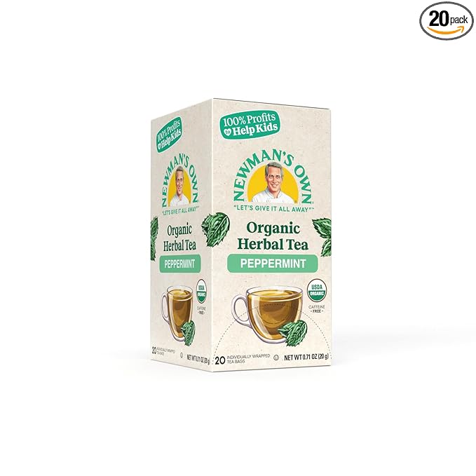 Newman's Own Organic Peppermint Tea Caffeine Free Refreshing Mint Herbal That May Aid Digestion with 20 Individually Wrapped Bags Per Box USDA