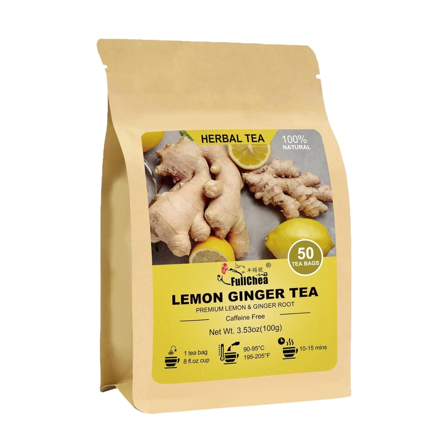 FullChea Lemon Ginger Tea Bags, 50 Counts, Non-GMO, Caffeine-Free | te de Jengibrey Limon, Pleasantly Spicy &amp; Warming, Support Digestion &amp; Boost Immunity, No Additives, Resealable Pouch