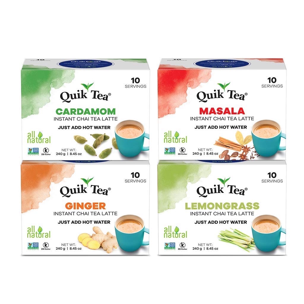 QuikTea 4 flavor Instant Cardamom/Masala/Ginger/Lemongrass Chai Tea Latte Variety Pack, 33.8 Oz, Artisanal Indian Chai Latte Mix, Just Add Hot Water, Low Caffeine, Non-GMO, Gluten Free