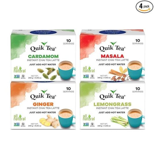 QuikTea Chai Tea Latte 4 Flavor Variety Pack, Cardamom/Masala/Ginger/Lemongrass, 34 Oz