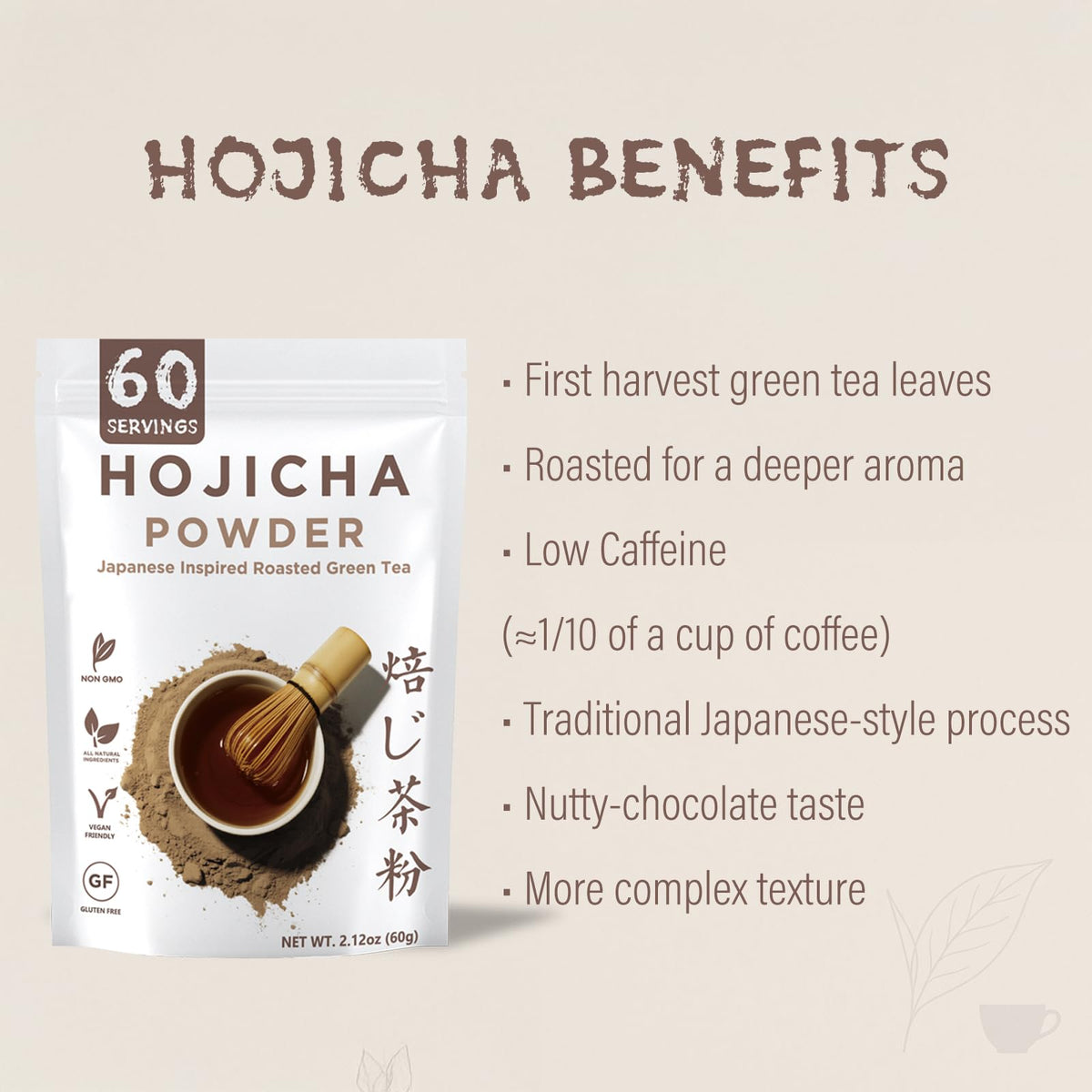 Viccoky Hojicha Powder Japanese-Style for Latte - 2.12oz Low Caffeine Roasted Matcha Green Tea Houjicha Powder | Toasty Aroma