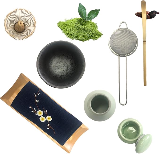 Artcome Traditional Japanese Matcha Tea Set, Matcha Whisk, Traditional Scoop, Matcha Bowl & Caddy, Ceramic Whisk Holder