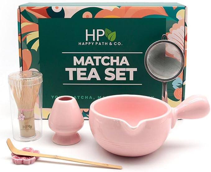 Happy Path & CO Matcha Whisk Set, 6 Pcs Matcha Tea Set Includes Bamboo Whisk(Chasen) with Holder & Bowl with Spout, Sifter, Scoop & Stand