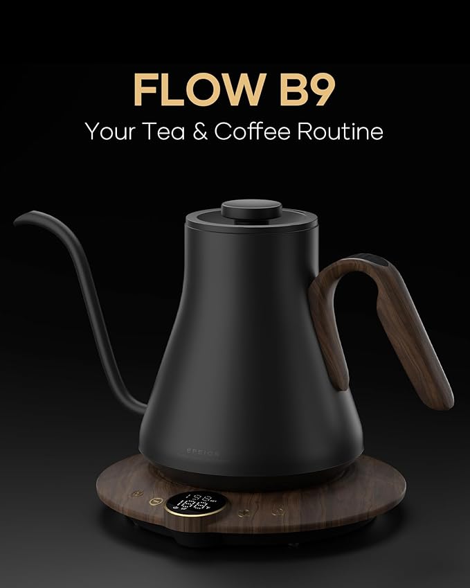 Cocinare Flow B9 Gooseneck Electric Kettle, Precise Temperature Control for Pour-Over Coffee & Tea Brewing, Stainless Steel Interior