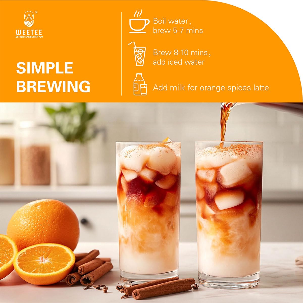 WT WEETEE Orange Spice Herbal Tea Bags 50count, Caffeine-free w/o Black Tea