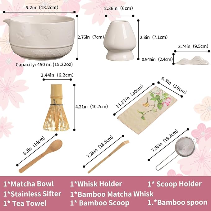 Matcha Set, 8-Piece Ceramic Matcha Bowl & Whisk Kit with Mushroom Pattern, Traditional Japanese Chawan, Bamboo Chasen, Scoop & Sifter