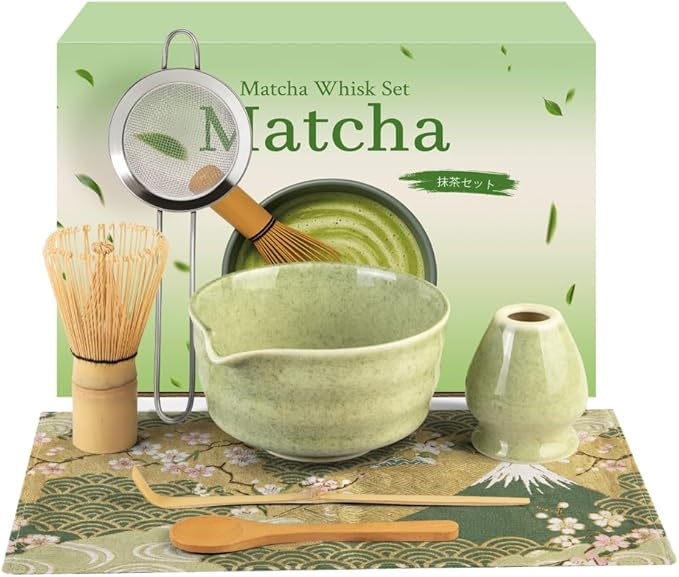 Matcha Whisk Set - Ceramic Matcha Set Includes Matcha Bowl, Whisk and Holder, Bamboo Scoop, Scoop Re