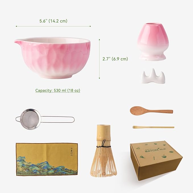 Matcha Whisk Set, Pink Ceramic Matcha Bowl with Spout, Bamboo Whisk, Sifter – 8-Piece Matcha Kit for Home, Yoga & Gifts – Matcha Lovers & Japanese Tea Culture