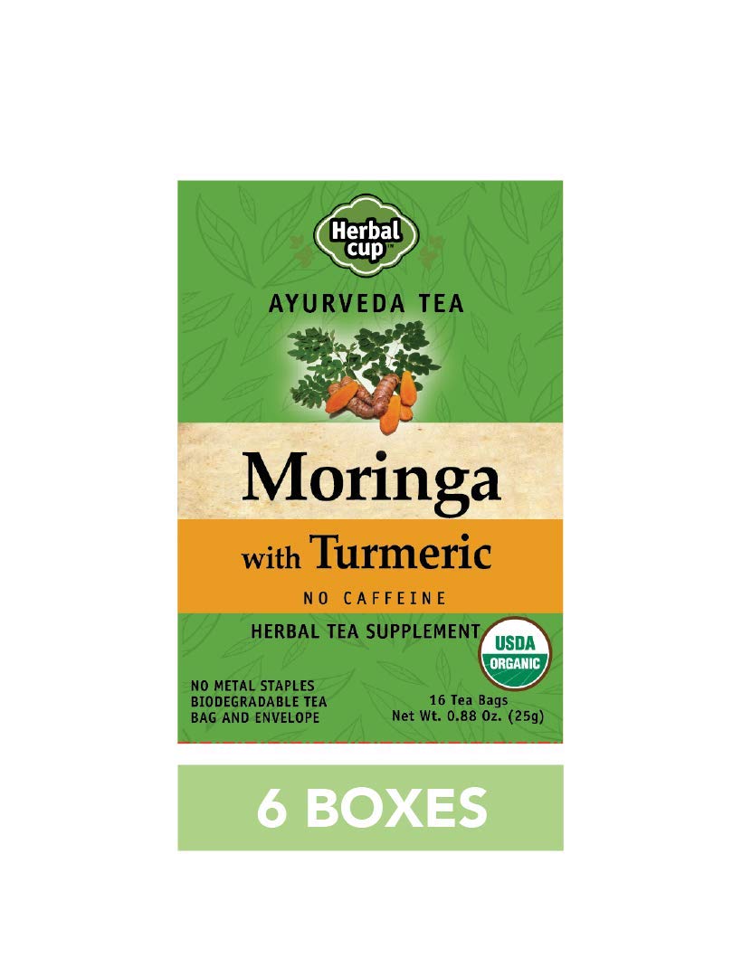 Herbal Cup Ayurveda Moringa Tea, Organic Turmeric, No Caffeine Herbal Teas (Organic Moringa Turmeric, 16 Count (Pack of 6)