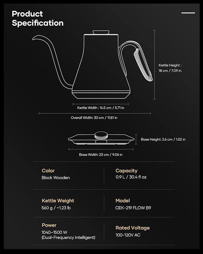 Cocinare Flow B9 Gooseneck Electric Kettle, Precise Temperature Control for Pour-Over Coffee & Tea Brewing, Stainless Steel Interior
