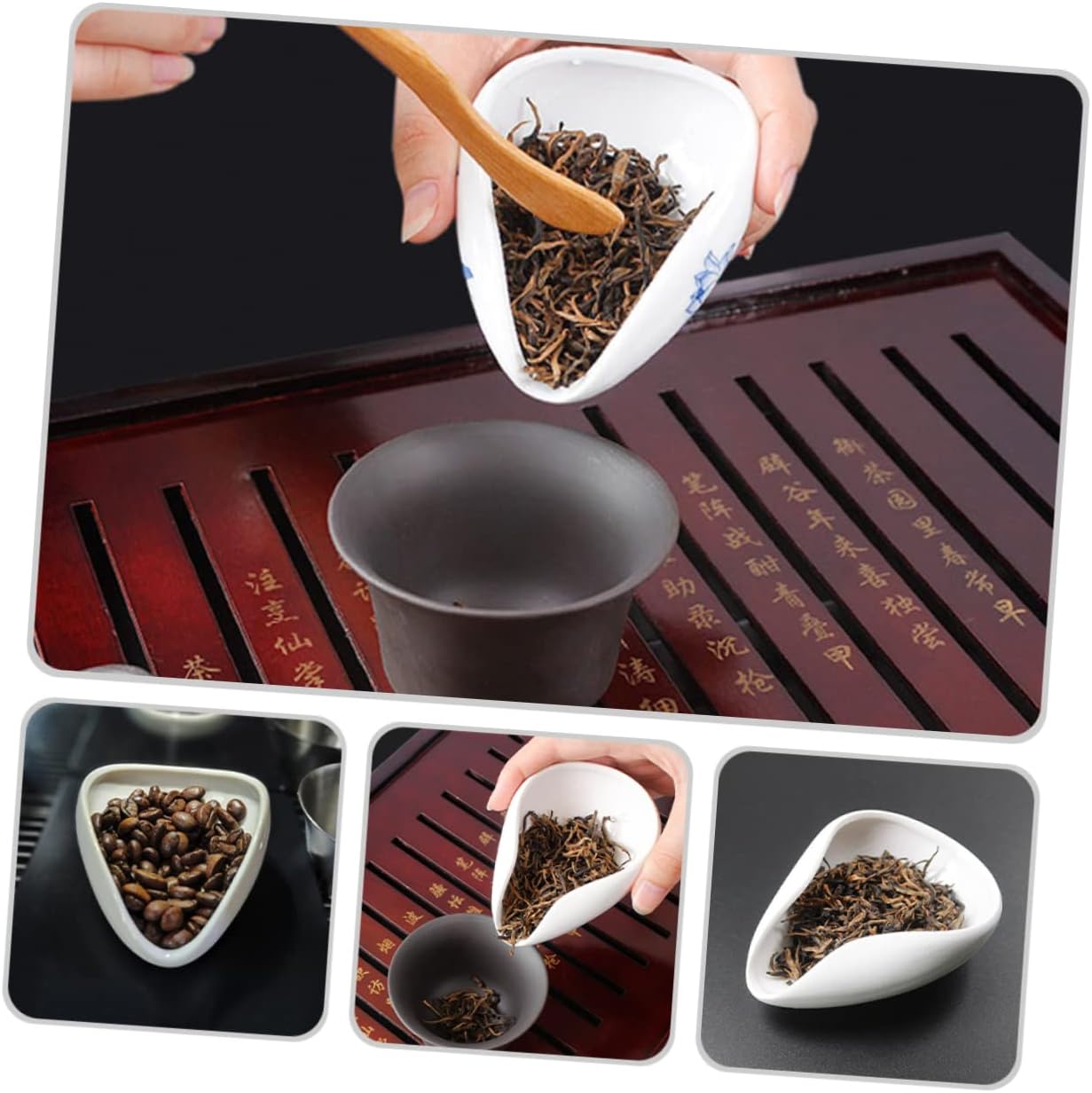 Ceramic Tea Leaf Holder Plate Porcelain Cha Tray for Loose Leaf Storage and Display Scoop Accessory with Needle for Home Office Teahouse Restaurant 3.93 X 2.95 X 1.18 in